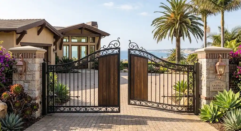 Custom driveway gate enhancing a San Diego home entryway