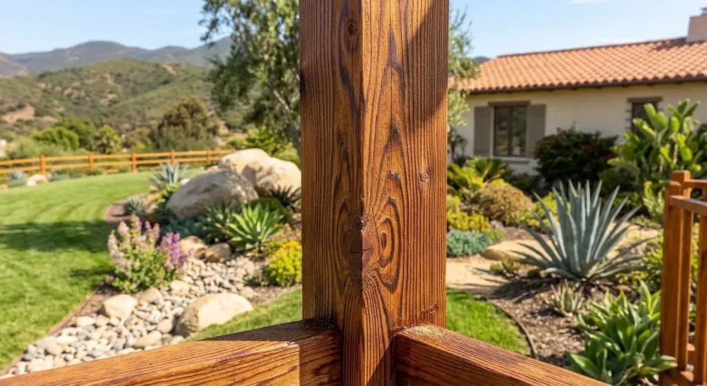 close-up image showing the natural grain of a freshly stained cedar or redwood fence.